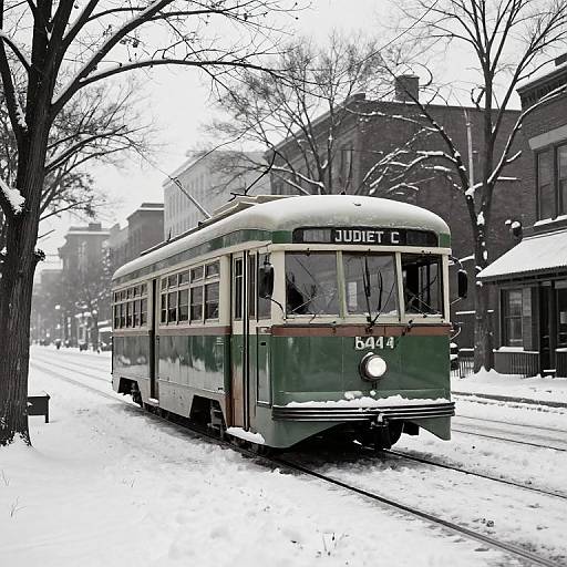 Photograph of a vintage green streetcar labeled 