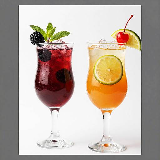 Photograph of two colorful cocktails: left, dark red with blackberries and mint; right, orange with lime slice and cherry, on white background.