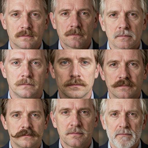 Close-up photograph of a middle-aged white man with various mustache styles, from full brown to thin white, in a grid layout. Background is blurred