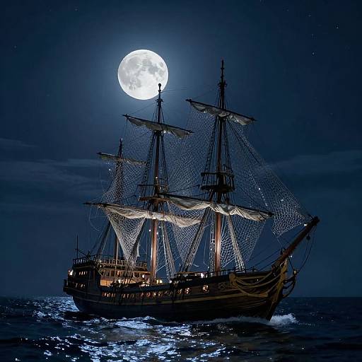 Photograph of a illuminated, vintage sailing ship under a bright full moon, with sparkling sea reflections and dark, starry night sky.