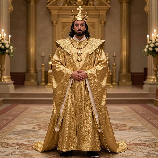 Photograph of a bearded man with long black hair, wearing a gold crown and ornate golden robe, standing in an opulent church with candle