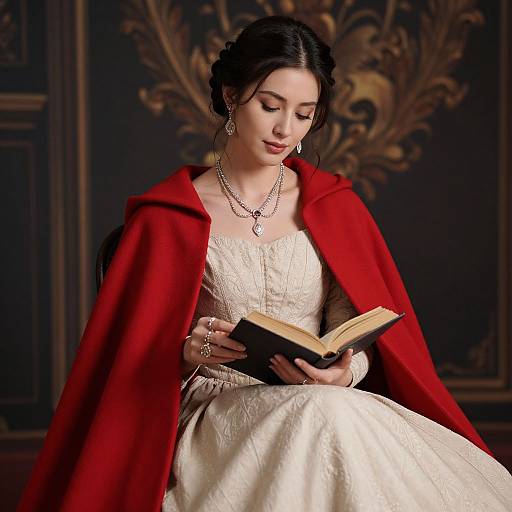 Photograph of a fair-skinned woman with dark hair, wearing a white lace dress, red cloak, and jewelry, reading a book against an orn