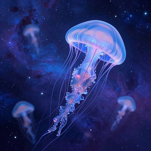 Photograph of glowing blue jellyfish with translucent bell and long, trailing tentacles, floating in a starry, cosmic background.