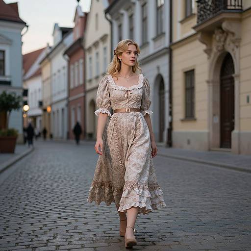 Photograph of a blonde woman in a lace, off-white, vintage dress walking down a cobblestone street in a European town.