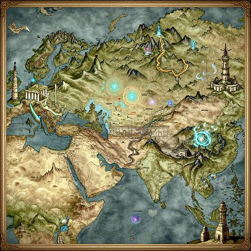 Detailed, fantasy-style map of the world with glowing blue orbs, ancient buildings, and mountainous terrain, framed with ornate borders. Digital art.