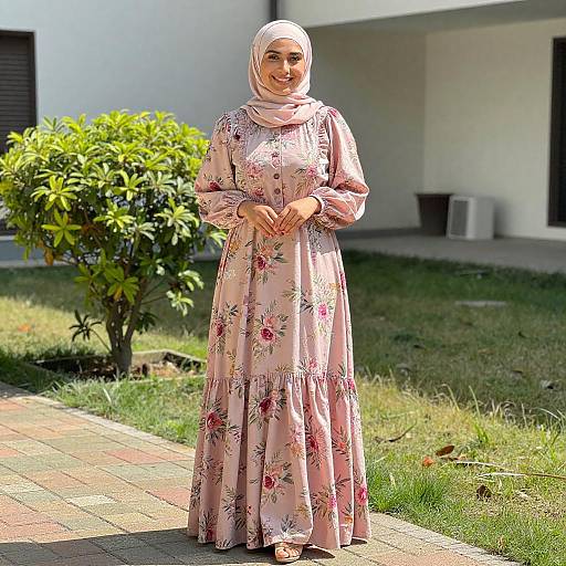 Smiling Woman in Floral Pink Dress