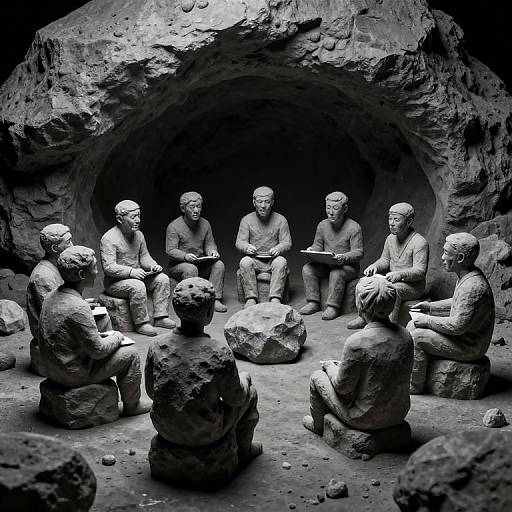Photograph of eight stone-like human figures in a dark, rocky cave, sitting in a circle, holding objects, with a large archway in the