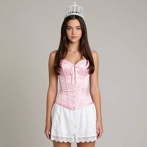 Photograph of a young woman with long dark hair wearing a white tiara, pink lace corset, and white lace skirt, standing against a plain