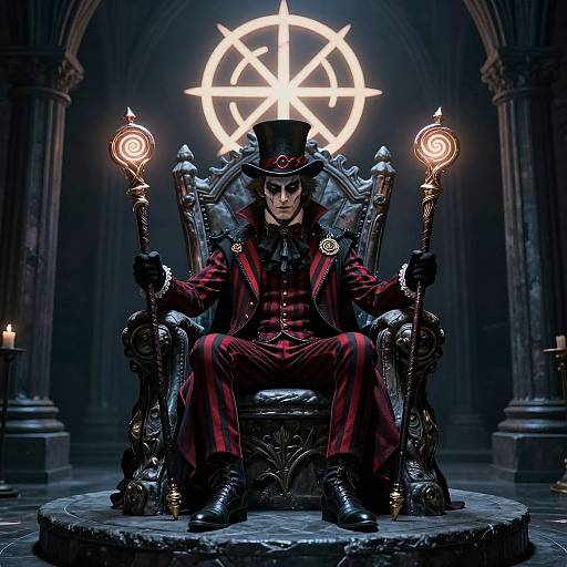 Photorealistic digital art: Dark, gothic room with arched windows. Man in red and black striped suit and top hat sits on ornate