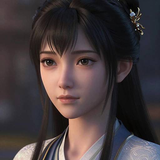 Digital portrait of a beautiful young Asian woman with long black hair, adorned with a floral hairpin, wearing a white, intricately patterned kimono