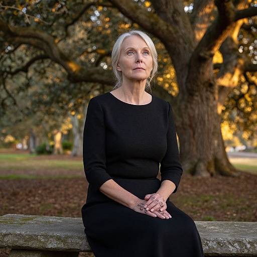 Photograph of a white-haired elderly woman in a black dress, seated on a stone bench in a sunlit park with large trees. She looks upward