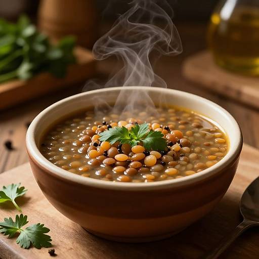 Photograph of steaming bowl of bean soup with yellow and black beans, topped with fresh parsley, on a wooden surface.