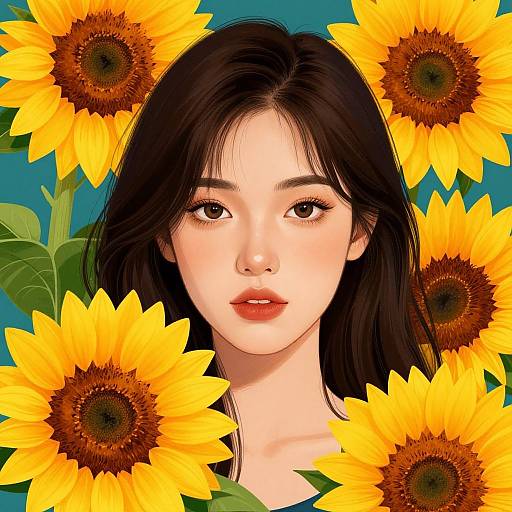Digital illustration of an Asian woman with fair skin, black hair, and red lips, surrounded by vibrant yellow sunflowers against a teal background.