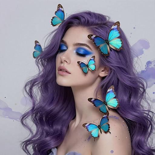 Digital artwork of a fair-skinned woman with long, wavy purple hair, blue eyeshadow, surrounded by glowing blue butterflies on a white background