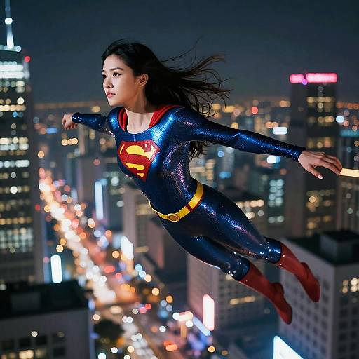 Super Girl Soaring Over Neon City