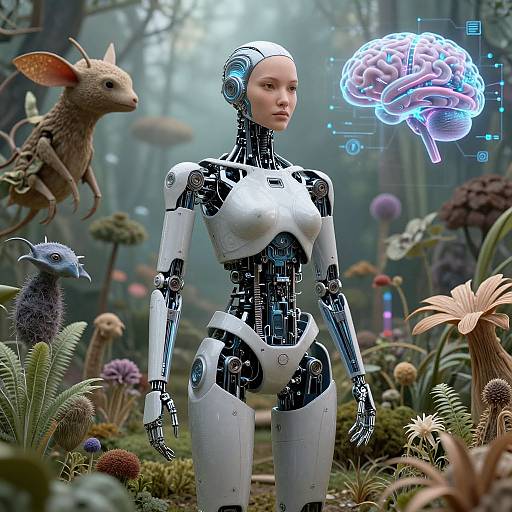 Photorealistic CGI of a sleek, white and black humanoid robot with a glowing brain hologram, surrounded by fantastical forest creatures and vibrant flora.