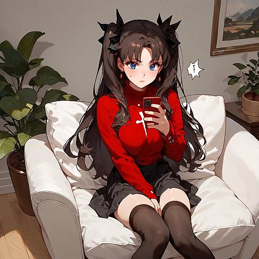 Tohsaka Rin Sitting Surprised Indoors