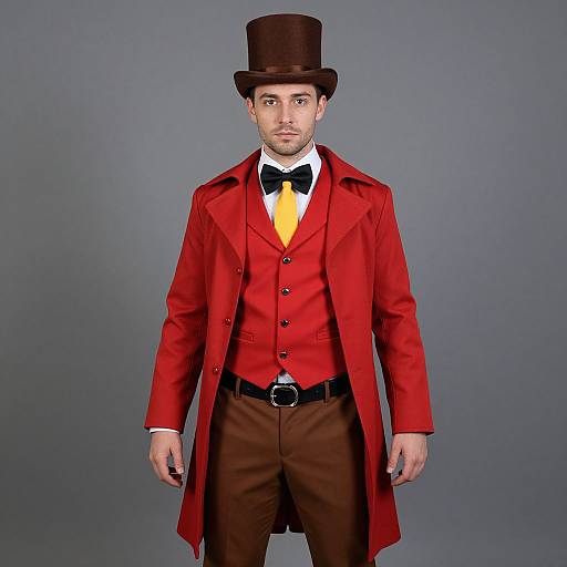 Photograph of a man in a Victorian-style red coat, black bow tie, yellow shirt, brown trousers, black belt, and tall black top hat