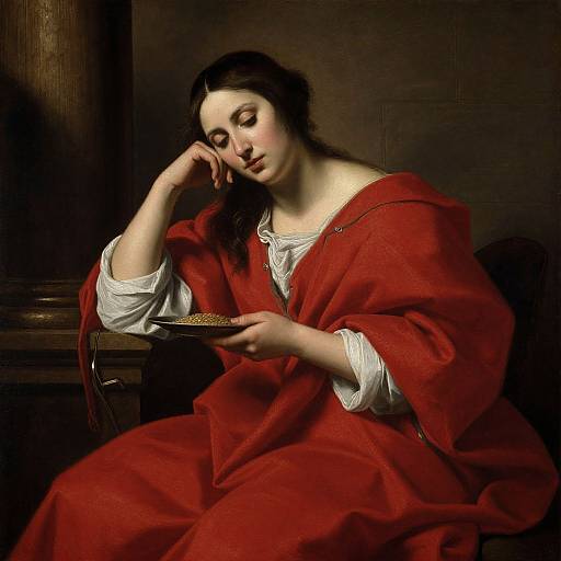 Photograph-style digital painting of a pale-skinned woman with dark hair, wearing a red robe over a white dress, resting her head on her hand