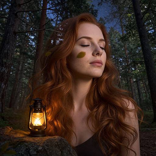 Photograph of a red-haired woman with closed eyes, illuminated by a lantern in a dark forest at night, wearing a black top.
