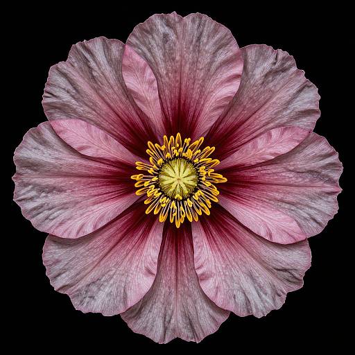 Photograph of a pink hibiscus flower with vibrant yellow stamens, detailed petals, and a dark burgundy center, set against a