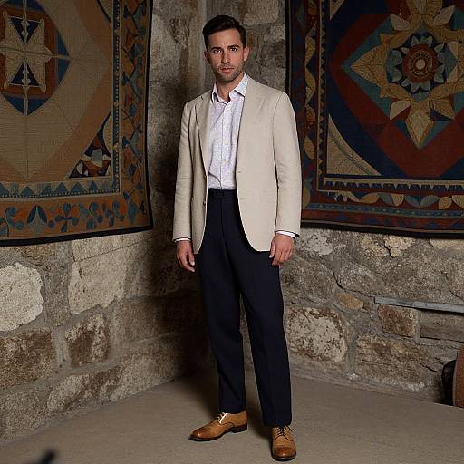 Photograph of a handsome man with short dark hair, wearing a beige blazer, white shirt, black pants, and brown shoes, standing in a
