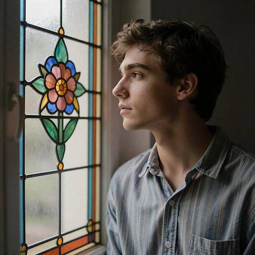 Thoughtful Young Man by Stained Glass