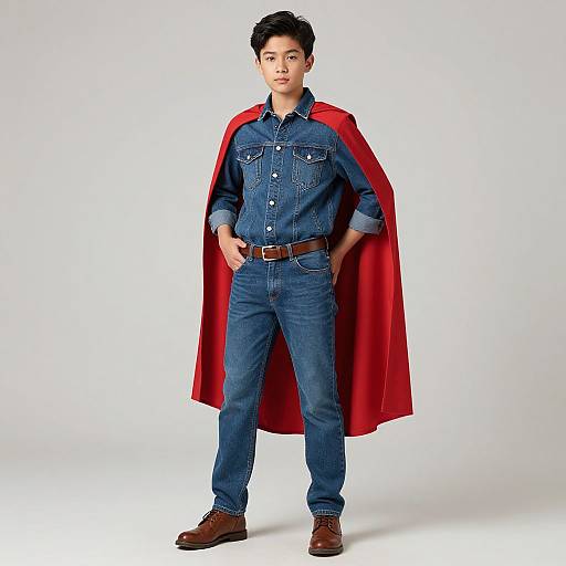 Photograph of a young Asian man with short black hair, wearing a blue denim shirt, jeans, brown belt, red cape, and brown shoes,