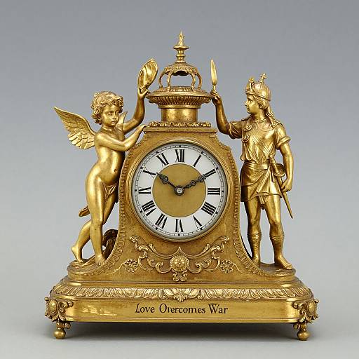Gilded clock featuring winged cherub and armored warrior, holding crown, with 