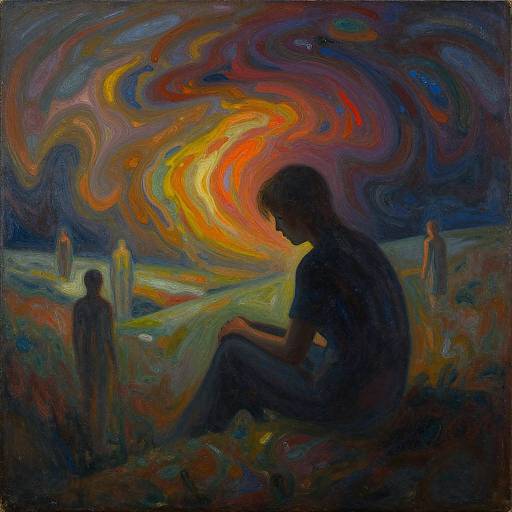 Vivid, abstract oil painting of a silhouetted figure sitting in a surreal, colorful landscape with swirling, fiery sky and ghostly figures.