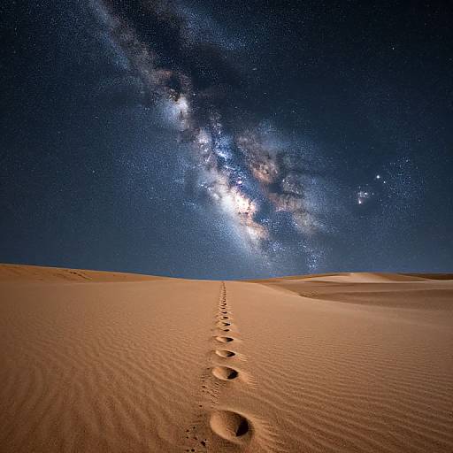Photograph of a desert sand dune with a path of footprints leading to a night sky filled with the Milky Way galaxy.