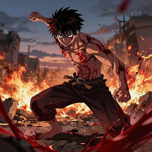 Anime-style digital artwork of a muscular, black-haired, topless male warrior with bloodied face and chest, crouching amidst fiery destruction at sunset