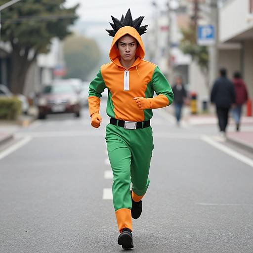 Photograph of an Asian man in a bright orange and green Naruto costume, running down a blurred urban street, with spiked black hair and determined expression.