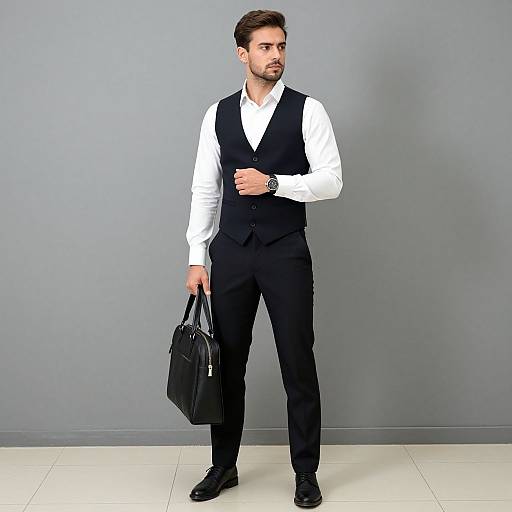 Photograph of a handsome man with short brown hair, beard, wearing a white shirt, black vest, and pants, holding a black briefcase,