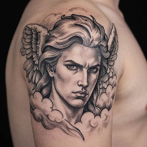 Black and gray tattoo of a stern-faced, winged, classical-style woman with flowing hair emerging from clouds on a muscular arm.