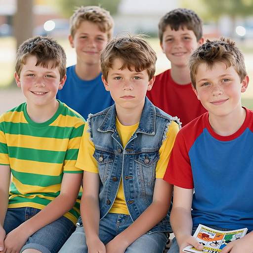 Group of Five Boys Sitting Outdoors