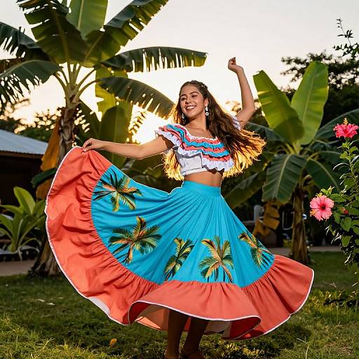 Photograph of a smiling young woman with long brown hair, wearing a white crop top with red and blue trim, and a bright blue skirt with orange