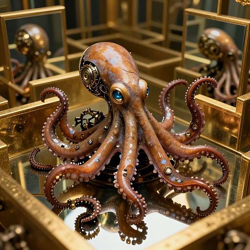 Photograph of a detailed, bronze-colored, steampunk-style octopus with blue eyes and intricate gears, displayed in a reflective, golden frame.