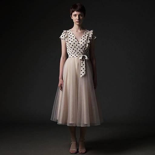 Photograph of a young woman with short brown hair, wearing a white, knee-length, polka dot dress with a bow, and sheer tulle