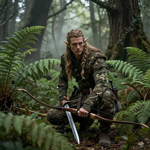 Photorealistic digital artwork of a grim-faced, elven warrior with long blonde braid, camouflage outfit, and sword, crouching in a