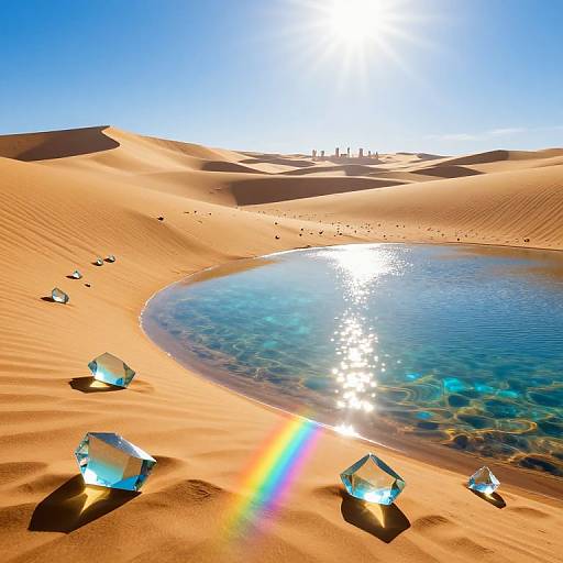 Photorealistic CGI of a bright desert oasis with a shimmering blue pool, crystal-clear water, and six reflective, rainbow-prism crystals on golden