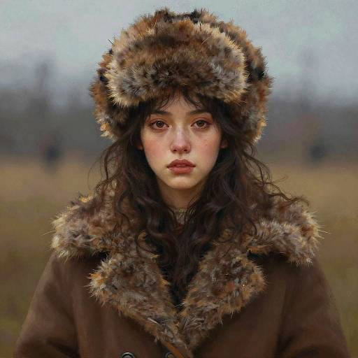 Digital painting of a young woman with pale skin and dark, wavy hair, wearing a fur hat and coat, standing in a blurred, autumnal
