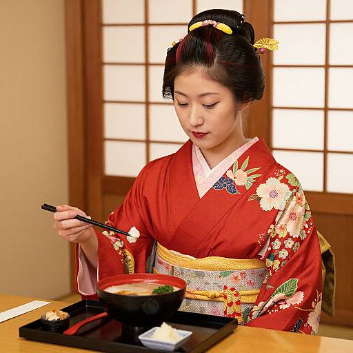 Photograph of an Asian woman in a red floral kimono, eating with chopsticks, in a traditional Japanese room, with a bowl of soup in