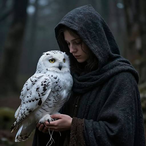 Photograph of a young woman in a dark, hooded cloak gently holding a white owl with black spots in a misty forest.