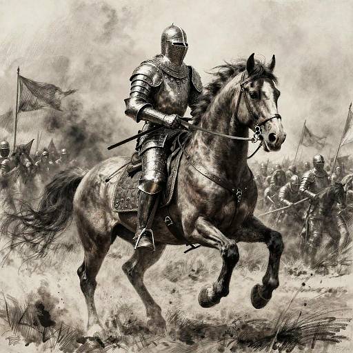 Monochrome digital drawing of a armored knight riding a galloping horse, surrounded by soldiers with flags in a stormy battlefield.