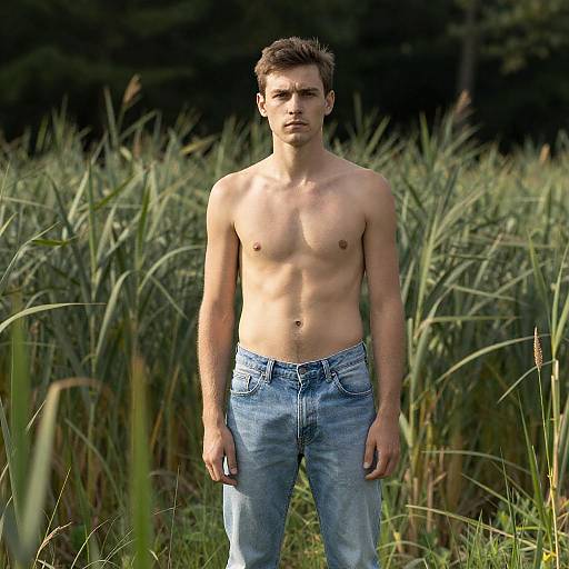 Serious Shirtless Man in Nature