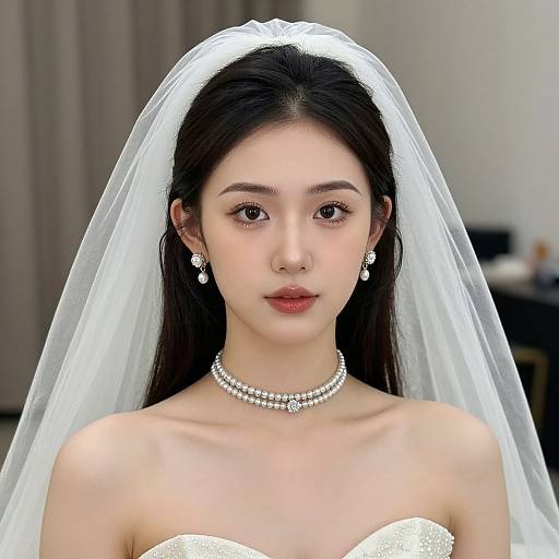 Photograph of an East Asian bride with long black hair, wearing a white veil, pearl necklace, and earrings, in a strapless white dress,