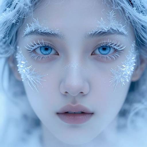 Close-up photograph of a young woman with striking blue eyes, light blonde hair, and snowflake patterns on her face, illuminated in a cool blue light