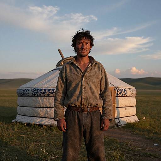 Photograph of a rugged, dark-haired man with messy hair, wearing a checkered shirt and brown pants, standing in front of a traditional white yurt