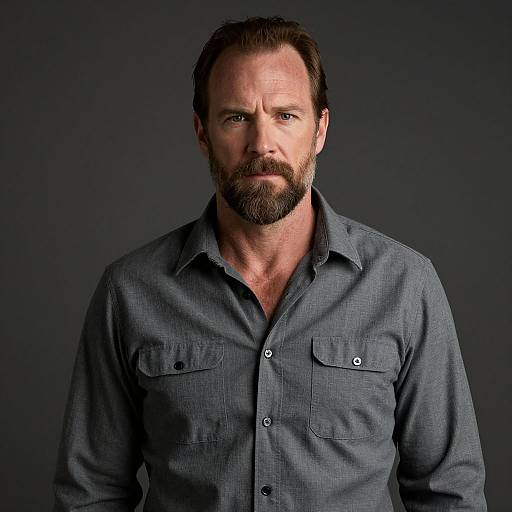 Photograph of a serious, middle-aged white man with a brown beard and short hair, wearing a gray button-up shirt, against a dark gray background